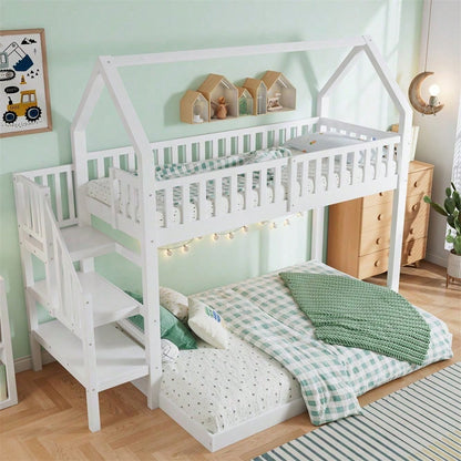 ]Etagenbett, Hausbett mit Treppe, Kinderbett mit Fallschutz und Gitter, Rahmen aus Kiefer, weiß (90x200&140*190cm)