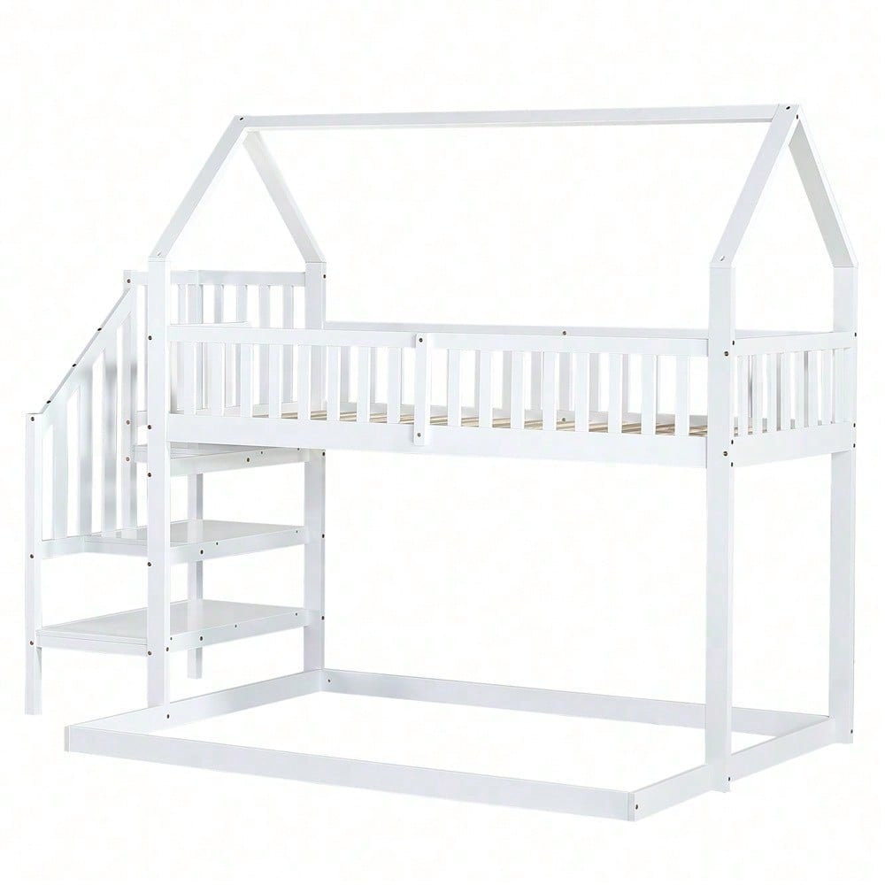 ]Etagenbett, Hausbett mit Treppe, Kinderbett mit Fallschutz und Gitter, Rahmen aus Kiefer, weiß (90x200&140*190cm)