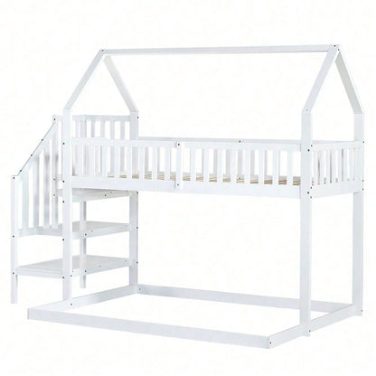 ]Etagenbett, Hausbett mit Treppe, Kinderbett mit Fallschutz und Gitter, Rahmen aus Kiefer, weiß (90x200&140*190cm)