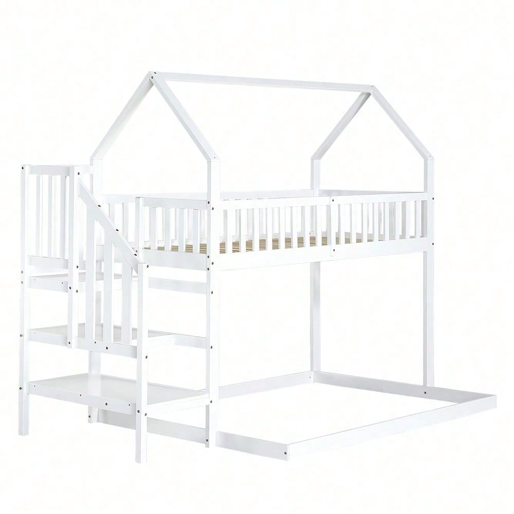 ]Etagenbett, Hausbett mit Treppe, Kinderbett mit Fallschutz und Gitter, Rahmen aus Kiefer, weiß (90x200&140*190cm)