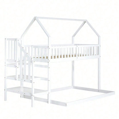 ]Etagenbett, Hausbett mit Treppe, Kinderbett mit Fallschutz und Gitter, Rahmen aus Kiefer, weiß (90x200&140*190cm)