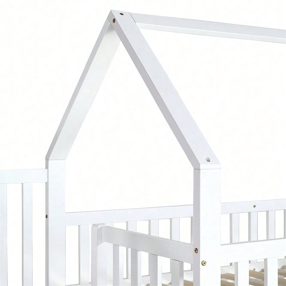 ]Etagenbett, Hausbett mit Treppe, Kinderbett mit Fallschutz und Gitter, Rahmen aus Kiefer, weiß (90x200&140*190cm)