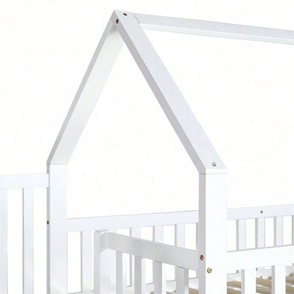 ]Etagenbett, Hausbett mit Treppe, Kinderbett mit Fallschutz und Gitter, Rahmen aus Kiefer, weiß (90x200&140*190cm)