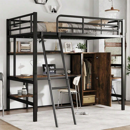 Eisenbett, Etagenbett, Geeignet für Kinder und Heranwachsende, Mit Tisch und Kleiderschrank, Reichlich Ablagefächer, Mit 4-stufiger Leiter, Eisen+Spanplatte, Schwarz, 90x200cm
