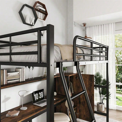 Eisenbett, Etagenbett, Geeignet für Kinder und Heranwachsende, Mit Tisch und Kleiderschrank, Reichlich Ablagefächer, Mit 4-stufiger Leiter, Eisen+Spanplatte, Schwarz, 90x200cm