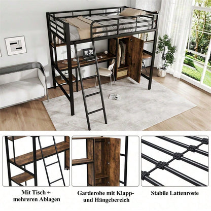Eisenbett, Etagenbett, Geeignet für Kinder und Heranwachsende, Mit Tisch und Kleiderschrank, Reichlich Ablagefächer, Mit 4-stufiger Leiter, Eisen+Spanplatte, Schwarz, 90x200cm