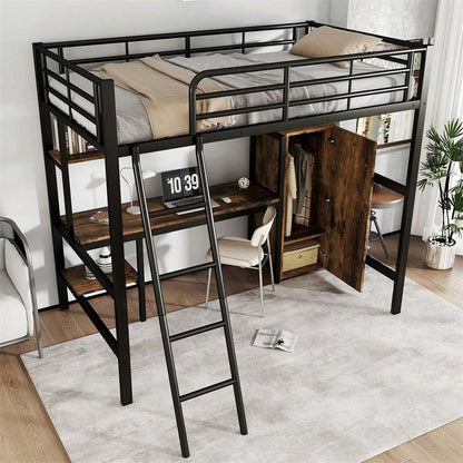 Eisenbett, Etagenbett, Geeignet für Kinder und Heranwachsende, Mit Tisch und Kleiderschrank, Reichlich Ablagefächer, Mit 4-stufiger Leiter, Eisen+Spanplatte, Schwarz, 90x200cm
