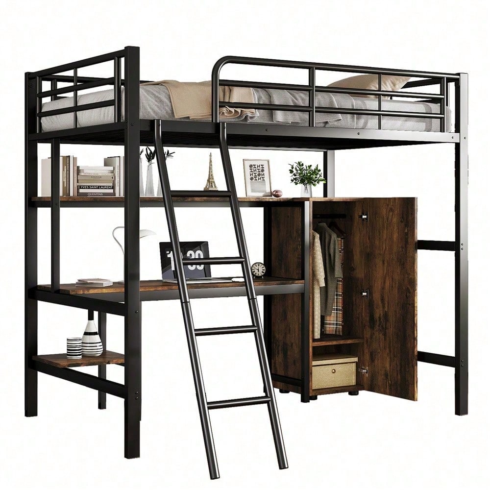 Eisenbett, Etagenbett, Geeignet für Kinder und Heranwachsende, Mit Tisch und Kleiderschrank, Reichlich Ablagefächer, Mit 4-stufiger Leiter, Eisen+Spanplatte, Schwarz, 90x200cm