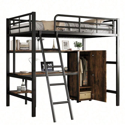 Eisenbett, Etagenbett, Geeignet für Kinder und Heranwachsende, Mit Tisch und Kleiderschrank, Reichlich Ablagefächer, Mit 4-stufiger Leiter, Eisen+Spanplatte, Schwarz, 90x200cm