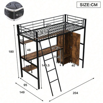 Eisenbett, Etagenbett, Geeignet für Kinder und Heranwachsende, Mit Tisch und Kleiderschrank, Reichlich Ablagefächer, Mit 4-stufiger Leiter, Eisen+Spanplatte, Schwarz, 90x200cm