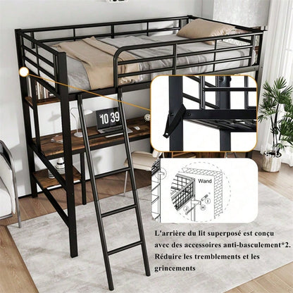 Eisenbett, Etagenbett, Geeignet für Kinder und Heranwachsende, Mit Tisch und Kleiderschrank, Reichlich Ablagefächer, Mit 4-stufiger Leiter, Eisen+Spanplatte, Schwarz, 90x200cm