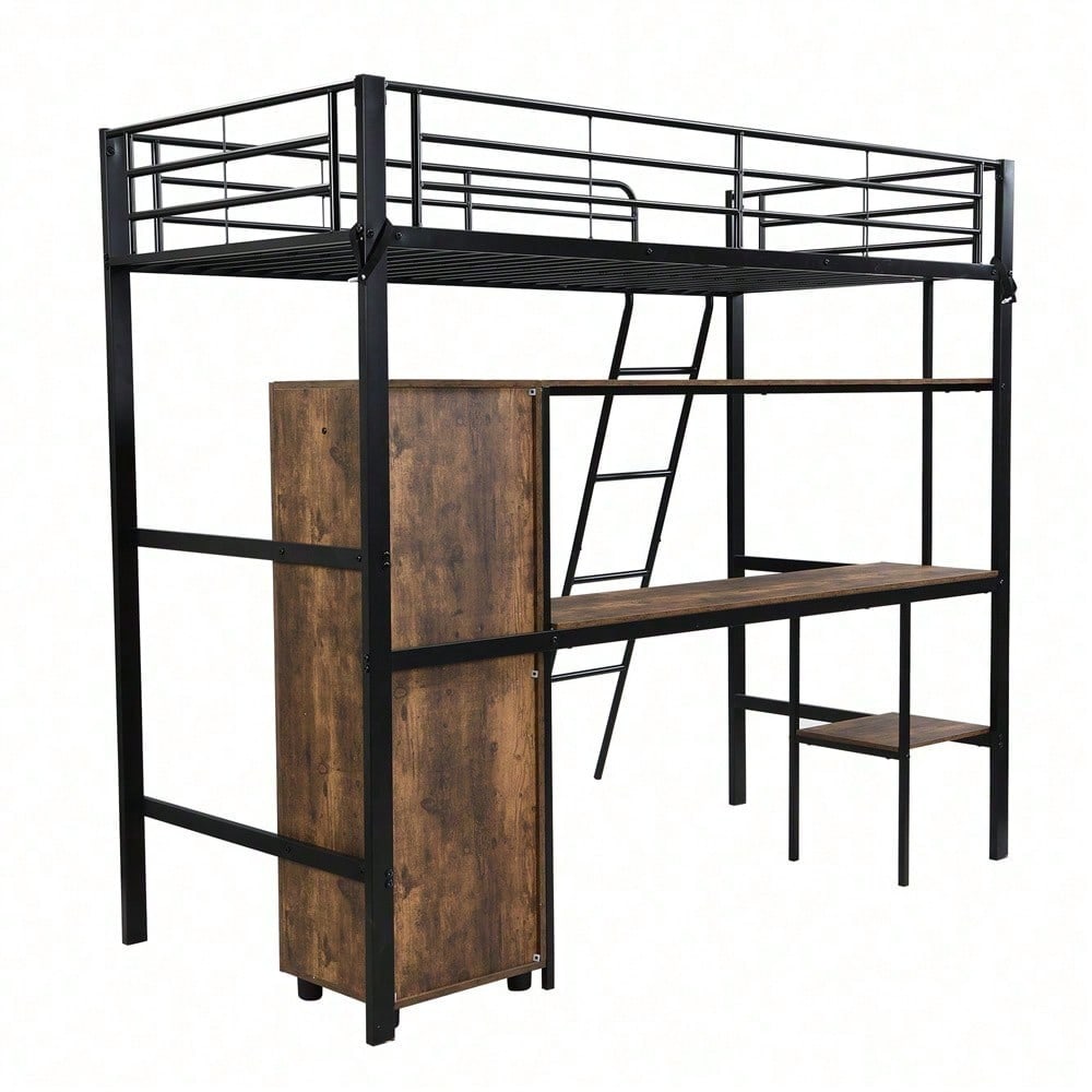 Eisenbett, Etagenbett, Geeignet für Kinder und Heranwachsende, Mit Tisch und Kleiderschrank, Reichlich Ablagefächer, Mit 4-stufiger Leiter, Eisen+Spanplatte, Schwarz, 90x200cm
