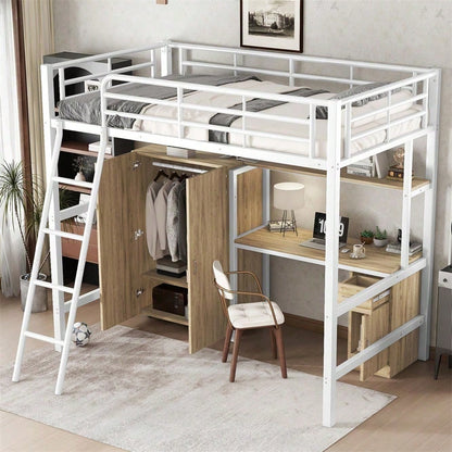 Eisenbett, Etagenbett, Geeignet für Kinder und Heranwachsende, Mit Tisch und Kleiderschrank, Reichlich Ablagefächer, Mit einer vierstufigen Schrägleiter, Eisen+Spanplatte, Weiß+Natur, 90x200cm