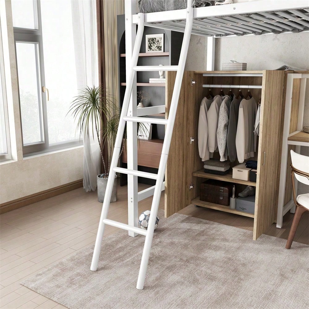 Eisenbett, Etagenbett, Geeignet für Kinder und Heranwachsende, Mit Tisch und Kleiderschrank, Reichlich Ablagefächer, Mit einer vierstufigen Schrägleiter, Eisen+Spanplatte, Weiß+Natur, 90x200cm