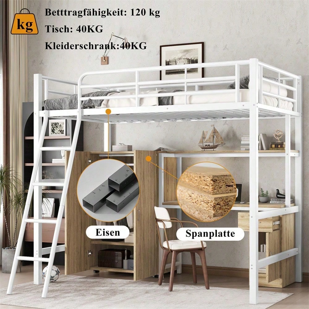 Eisenbett, Etagenbett, Geeignet für Kinder und Heranwachsende, Mit Tisch und Kleiderschrank, Reichlich Ablagefächer, Mit einer vierstufigen Schrägleiter, Eisen+Spanplatte, Weiß+Natur, 90x200cm