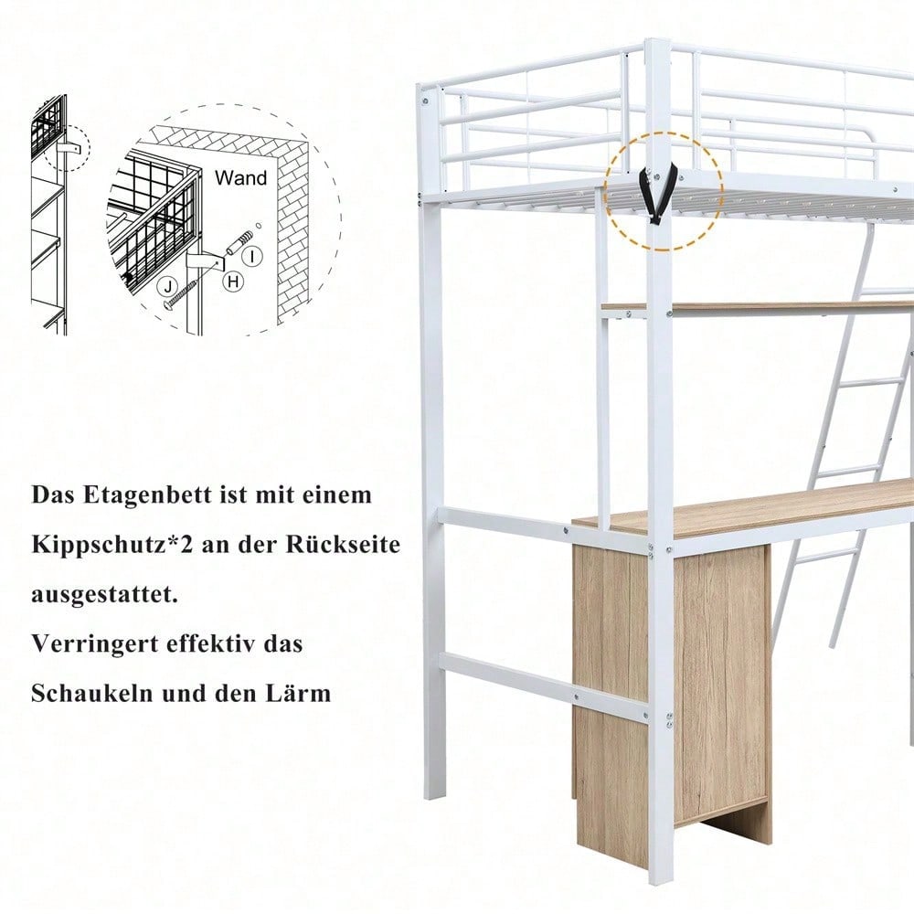 Eisenbett, Etagenbett, Geeignet für Kinder und Heranwachsende, Mit Tisch und Kleiderschrank, Reichlich Ablagefächer, Mit einer vierstufigen Schrägleiter, Eisen+Spanplatte, Weiß+Natur, 90x200cm