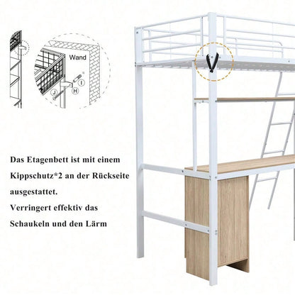 Eisenbett, Etagenbett, Geeignet für Kinder und Heranwachsende, Mit Tisch und Kleiderschrank, Reichlich Ablagefächer, Mit einer vierstufigen Schrägleiter, Eisen+Spanplatte, Weiß+Natur, 90x200cm