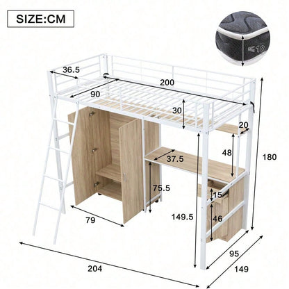 Eisenbett, Etagenbett, Geeignet für Kinder und Heranwachsende, Mit Tisch und Kleiderschrank, Reichlich Ablagefächer, Mit einer vierstufigen Schrägleiter, Eisen+Spanplatte, Weiß+Natur, 90x200cm