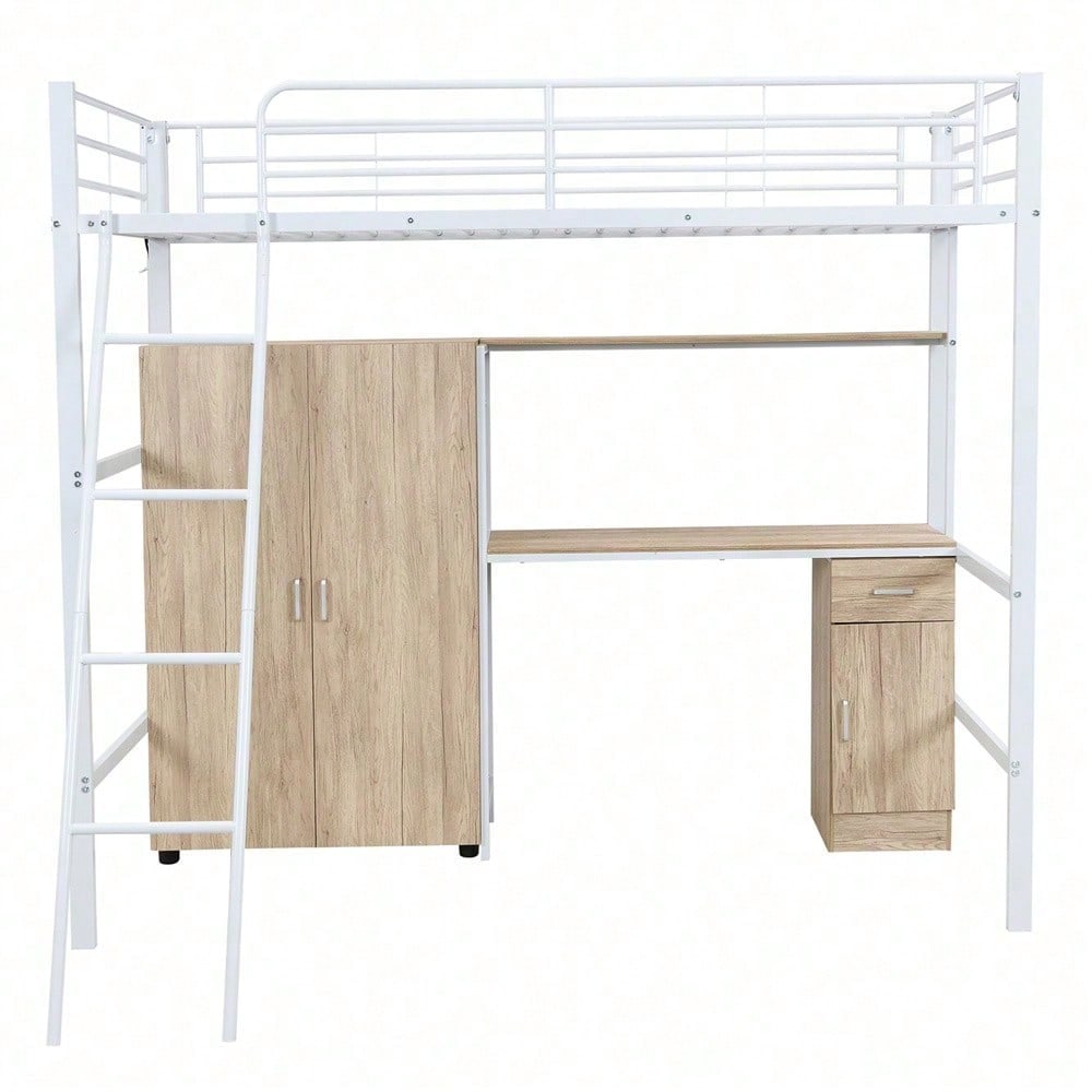 Eisenbett, Etagenbett, Geeignet für Kinder und Heranwachsende, Mit Tisch und Kleiderschrank, Reichlich Ablagefächer, Mit einer vierstufigen Schrägleiter, Eisen+Spanplatte, Weiß+Natur, 90x200cm