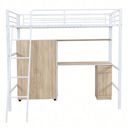 Eisenbett, Etagenbett, Geeignet für Kinder und Heranwachsende, Mit Tisch und Kleiderschrank, Reichlich Ablagefächer, Mit einer vierstufigen Schrägleiter, Eisen+Spanplatte, Weiß+Natur, 90x200cm