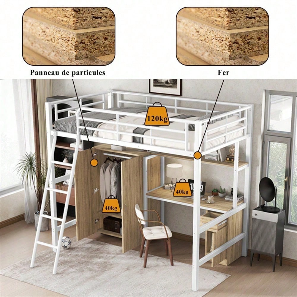 Eisenbett, Etagenbett, Geeignet für Kinder und Heranwachsende, Mit Tisch und Kleiderschrank, Reichlich Ablagefächer, Mit einer vierstufigen Schrägleiter, Eisen+Spanplatte, Weiß+Natur, 90x200cm