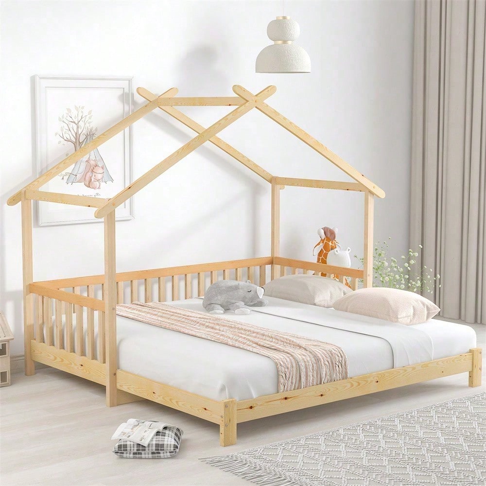Erweiterbares Baumhausbett, Hausbett, Kinderbett, Tagesbett, Einzel- und Doppelbett, reines Massivholz, natur (200x90cm)