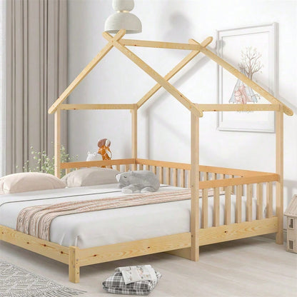 Erweiterbares Baumhausbett, Hausbett, Kinderbett, Tagesbett, Einzel- und Doppelbett, reines Massivholz, natur (200x90cm)