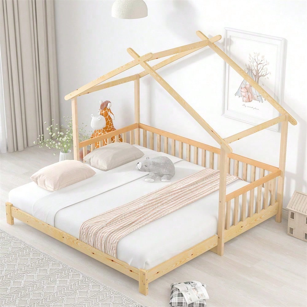Erweiterbares Baumhausbett, Hausbett, Kinderbett, Tagesbett, Einzel- und Doppelbett, reines Massivholz, natur (200x90cm)