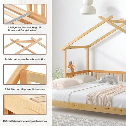 Erweiterbares Baumhausbett, Hausbett, Kinderbett, Tagesbett, Einzel- und Doppelbett, reines Massivholz, natur (200x90cm)