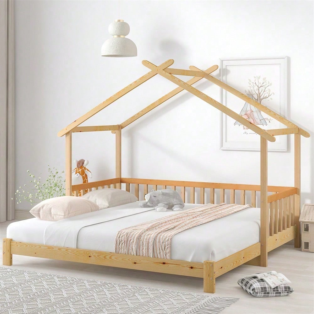 Erweiterbares Baumhausbett, Hausbett, Kinderbett, Tagesbett, Einzel- und Doppelbett, reines Massivholz, natur (200x90cm)
