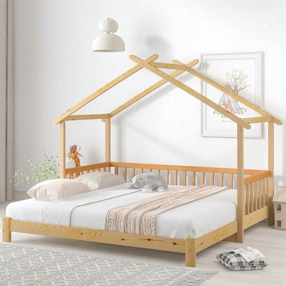 Erweiterbares Baumhausbett, Hausbett, Kinderbett, Tagesbett, Einzel- und Doppelbett, reines Massivholz, natur (200x90cm)