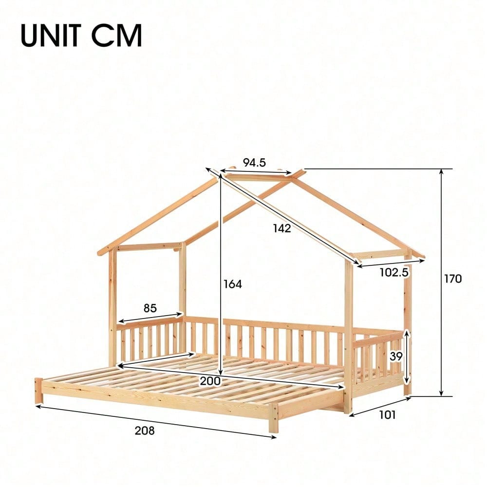Erweiterbares Baumhausbett, Hausbett, Kinderbett, Tagesbett, Einzel- und Doppelbett, reines Massivholz, natur (200x90cm)