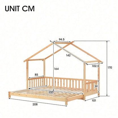 Erweiterbares Baumhausbett, Hausbett, Kinderbett, Tagesbett, Einzel- und Doppelbett, reines Massivholz, natur (200x90cm)