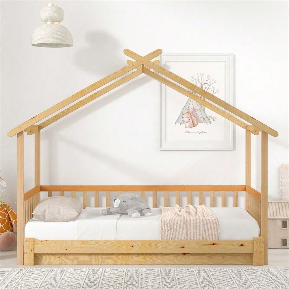 Erweiterbares Baumhausbett, Hausbett, Kinderbett, Tagesbett, Einzel- und Doppelbett, reines Massivholz, natur (200x90cm)
