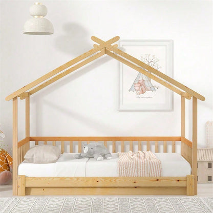 Erweiterbares Baumhausbett, Hausbett, Kinderbett, Tagesbett, Einzel- und Doppelbett, reines Massivholz, natur (200x90cm)