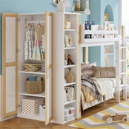 Etagenbett, Kinderbett mit Fallschutz und Gitter, mit 4-stufiger Leiter, 6 offenen Regalen, Kleiderschrank seitlich, Reichlich Stauraum, Kiefer+PB, Weiß+Natur, 90x200cm