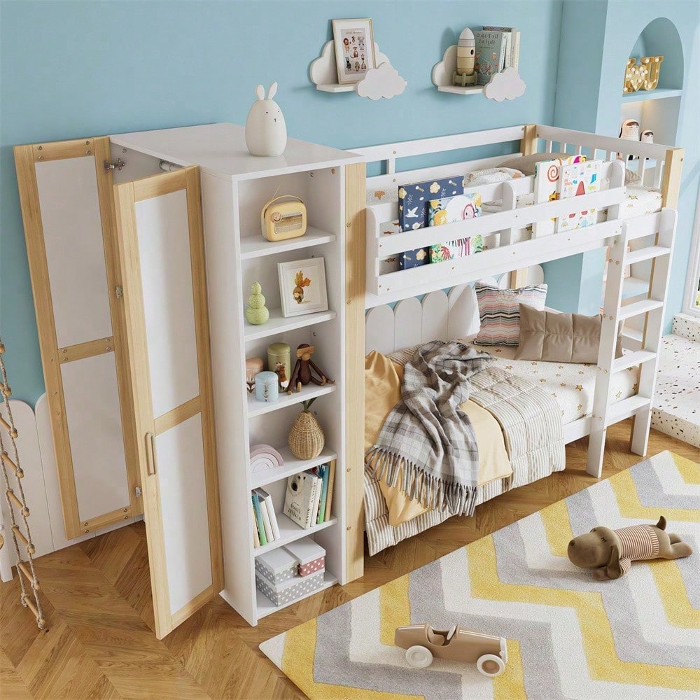 Etagenbett, Kinderbett mit Fallschutz und Gitter, mit 4-stufiger Leiter, 6 offenen Regalen, Kleiderschrank seitlich, Reichlich Stauraum, Kiefer+PB, Weiß+Natur, 90x200cm
