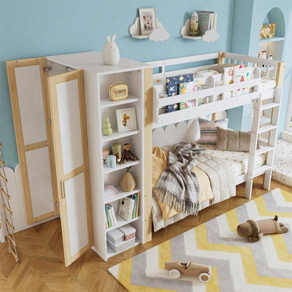 Etagenbett, Kinderbett mit Fallschutz und Gitter, mit 4-stufiger Leiter, 6 offenen Regalen, Kleiderschrank seitlich, Reichlich Stauraum, Kiefer+PB, Weiß+Natur, 90x200cm