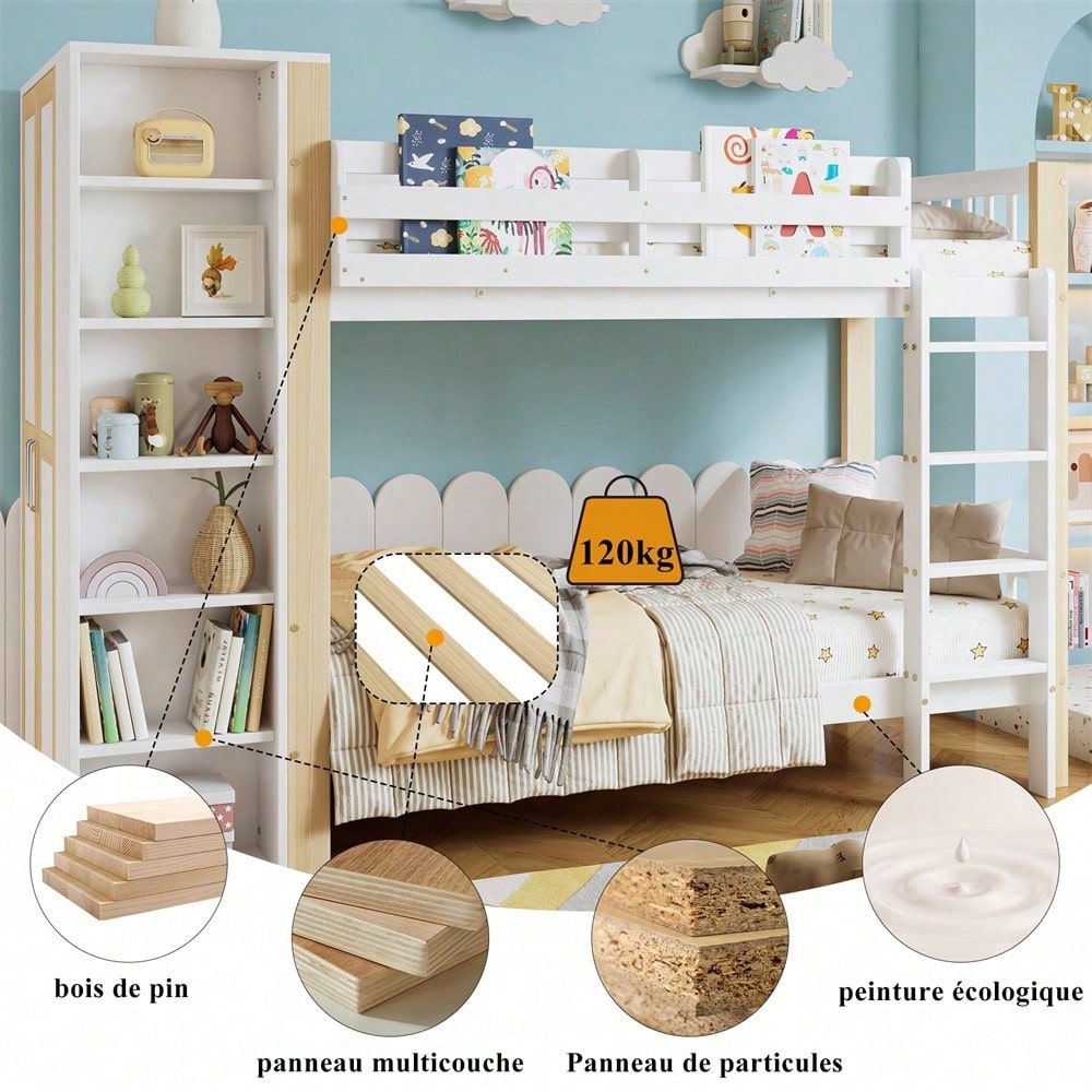 Etagenbett, Kinderbett mit Fallschutz und Gitter, mit 4-stufiger Leiter, 6 offenen Regalen, Kleiderschrank seitlich, Reichlich Stauraum, Kiefer+PB, Weiß+Natur, 90x200cm