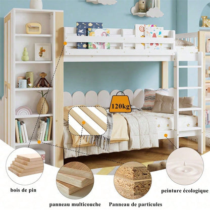 Etagenbett, Kinderbett mit Fallschutz und Gitter, mit 4-stufiger Leiter, 6 offenen Regalen, Kleiderschrank seitlich, Reichlich Stauraum, Kiefer+PB, Weiß+Natur, 90x200cm