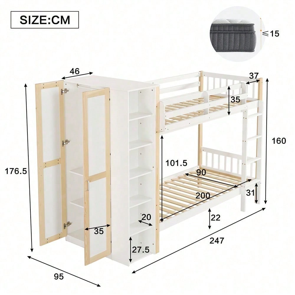 Etagenbett, Kinderbett mit Fallschutz und Gitter, mit 4-stufiger Leiter, 6 offenen Regalen, Kleiderschrank seitlich, Reichlich Stauraum, Kiefer+PB, Weiß+Natur, 90x200cm