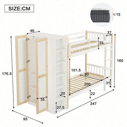 Etagenbett, Kinderbett mit Fallschutz und Gitter, mit 4-stufiger Leiter, 6 offenen Regalen, Kleiderschrank seitlich, Reichlich Stauraum, Kiefer+PB, Weiß+Natur, 90x200cm