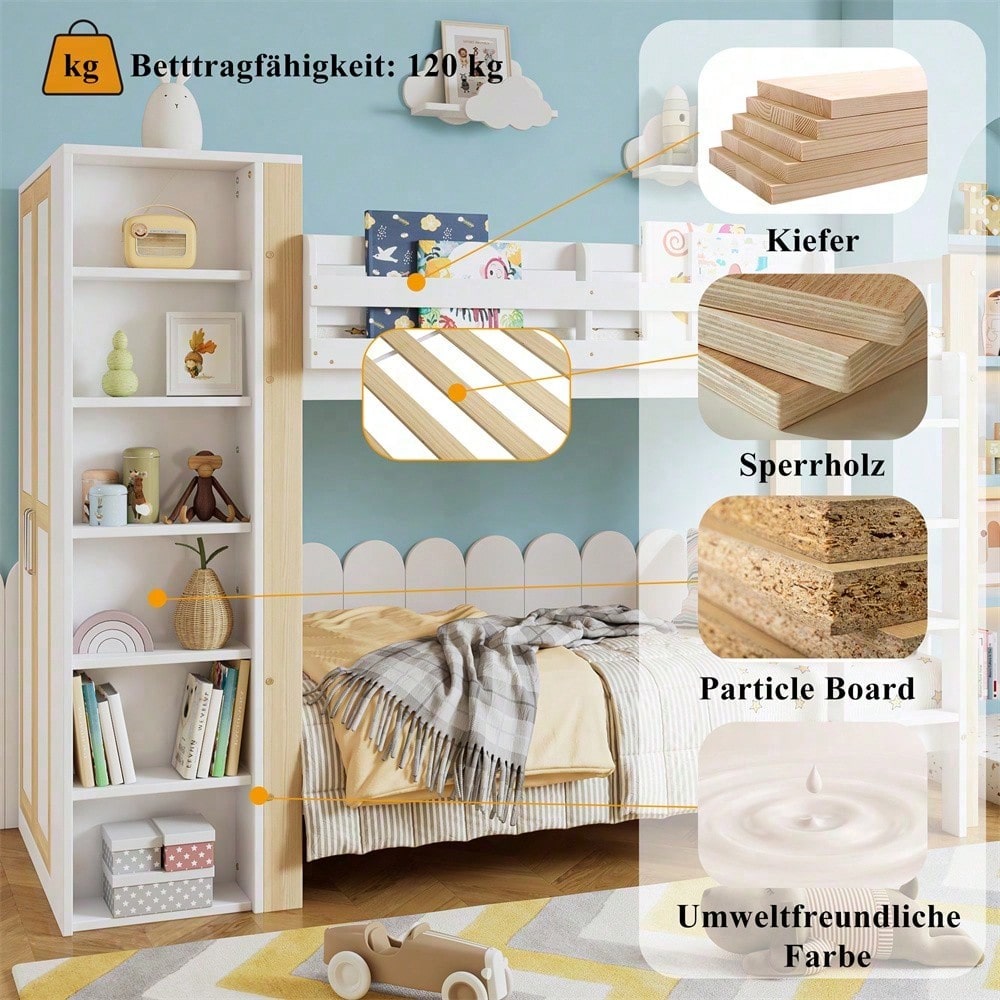 Etagenbett, Kinderbett mit Fallschutz und Gitter, mit 4-stufiger Leiter, 6 offenen Regalen, Kleiderschrank seitlich, Reichlich Stauraum, Kiefer+PB, Weiß+Natur, 90x200cm