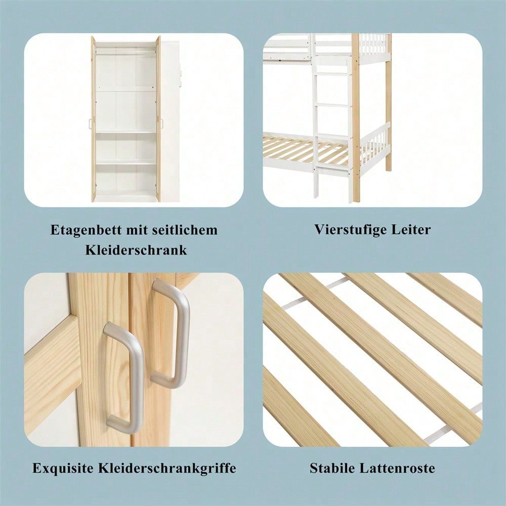 Etagenbett, Kinderbett mit Fallschutz und Gitter, mit 4-stufiger Leiter, 6 offenen Regalen, Kleiderschrank seitlich, Reichlich Stauraum, Kiefer+PB, Weiß+Natur, 90x200cm
