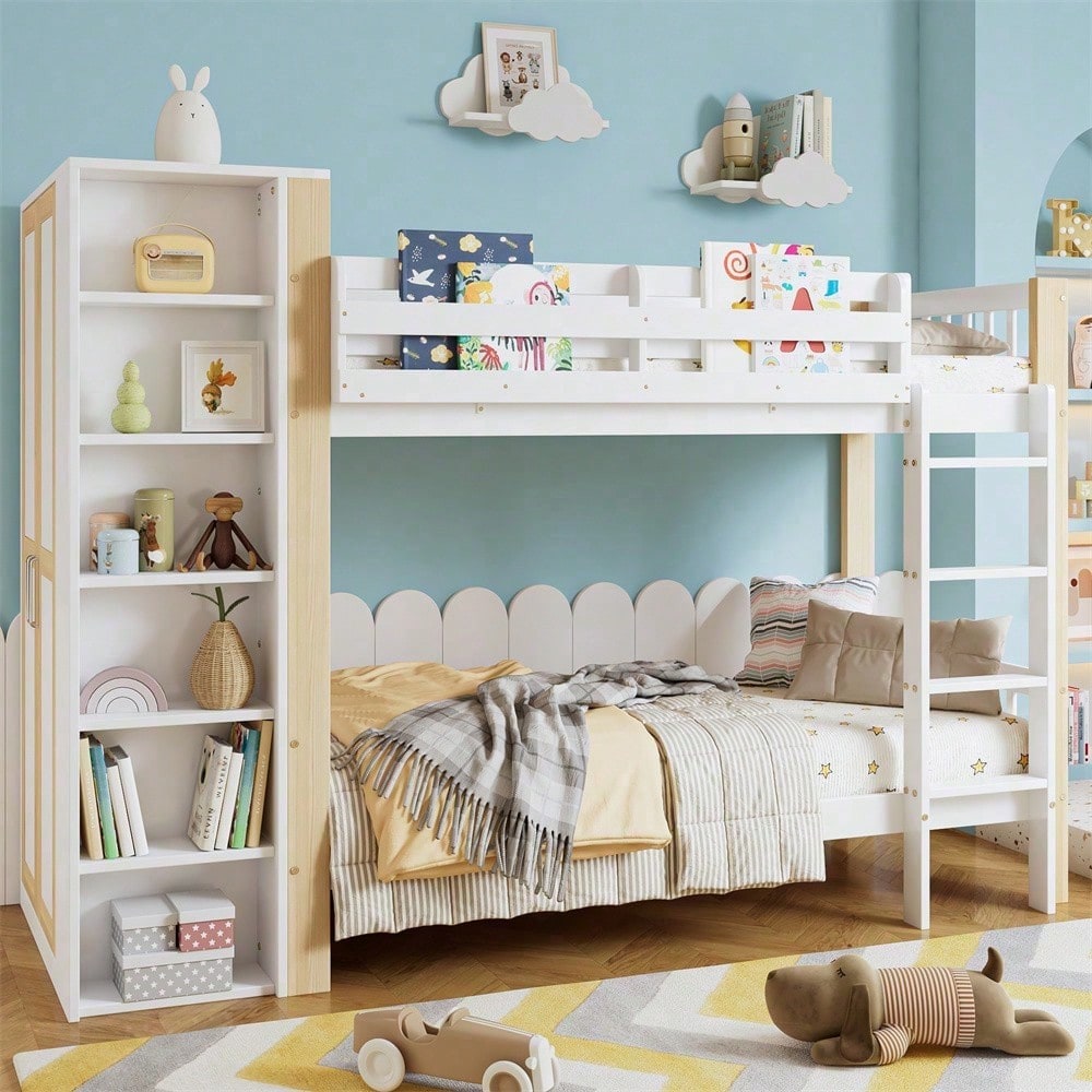 Etagenbett, Kinderbett mit Fallschutz und Gitter, mit 4-stufiger Leiter, 6 offenen Regalen, Kleiderschrank seitlich, Reichlich Stauraum, Kiefer+PB, Weiß+Natur, 90x200cm