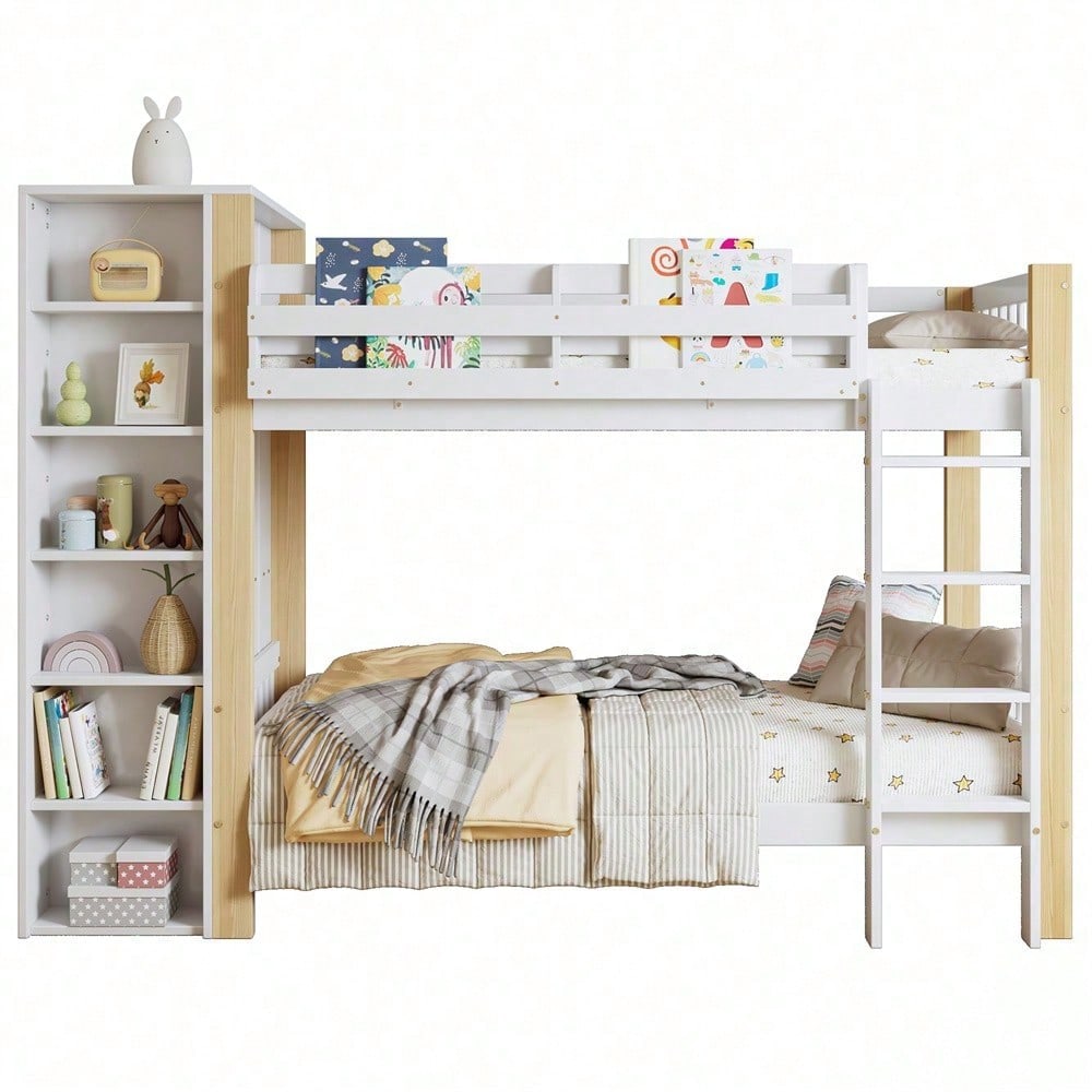 Etagenbett, Kinderbett mit Fallschutz und Gitter, mit 4-stufiger Leiter, 6 offenen Regalen, Kleiderschrank seitlich, Reichlich Stauraum, Kiefer+PB, Weiß+Natur, 90x200cm
