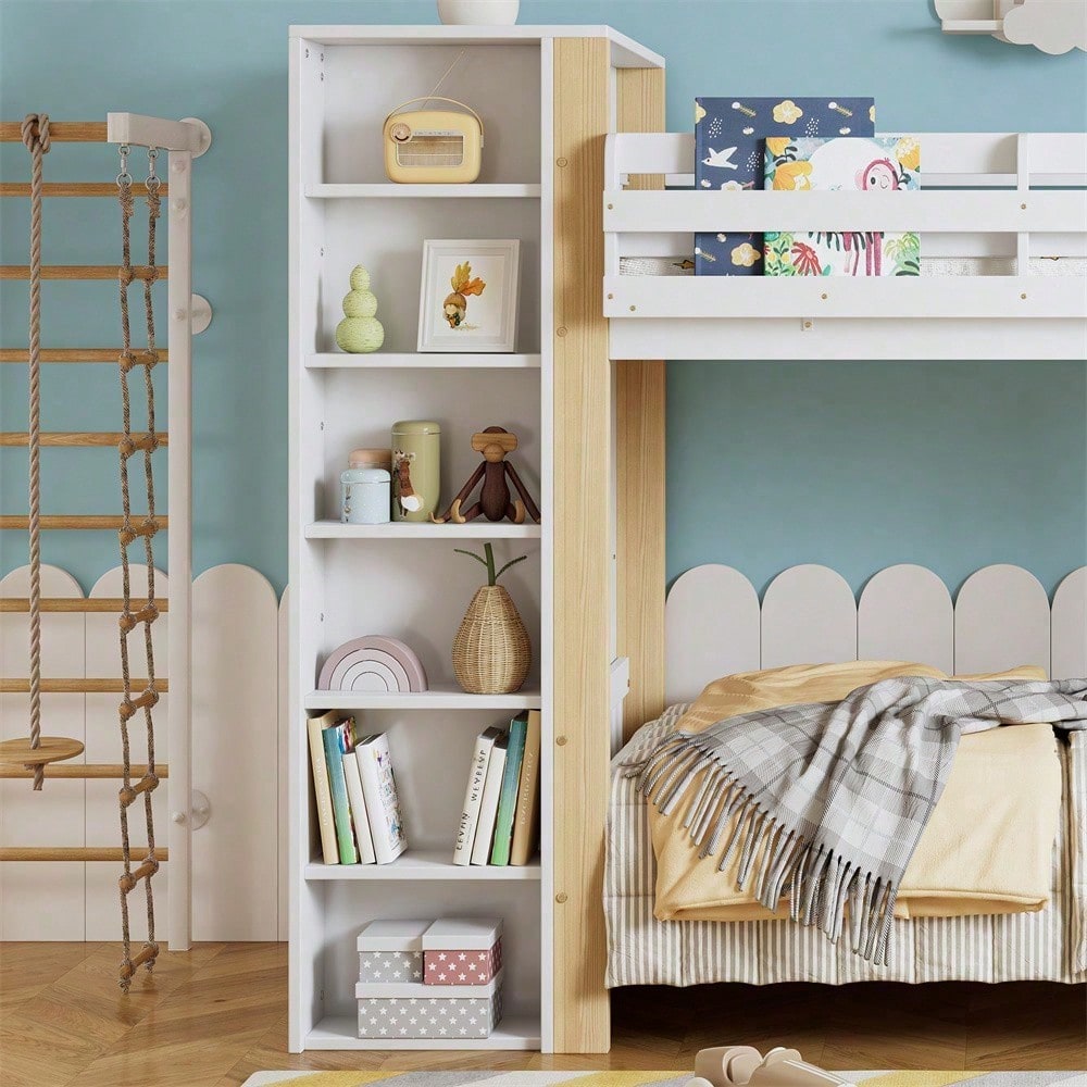 Etagenbett, Kinderbett mit Fallschutz und Gitter, mit 4-stufiger Leiter, 6 offenen Regalen, Kleiderschrank seitlich, Reichlich Stauraum, Kiefer+PB, Weiß+Natur, 90x200cm