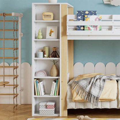 Etagenbett, Kinderbett mit Fallschutz und Gitter, mit 4-stufiger Leiter, 6 offenen Regalen, Kleiderschrank seitlich, Reichlich Stauraum, Kiefer+PB, Weiß+Natur, 90x200cm