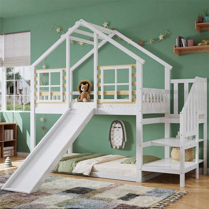 Etagenbett, Holzbett mit Treppe und Gitter, mit Rutsche und Fenster, Blockhaus Kinderbett mit Absturzsicherung, Bettrahmen aus Massivholz, Weiß(90x200 cm)