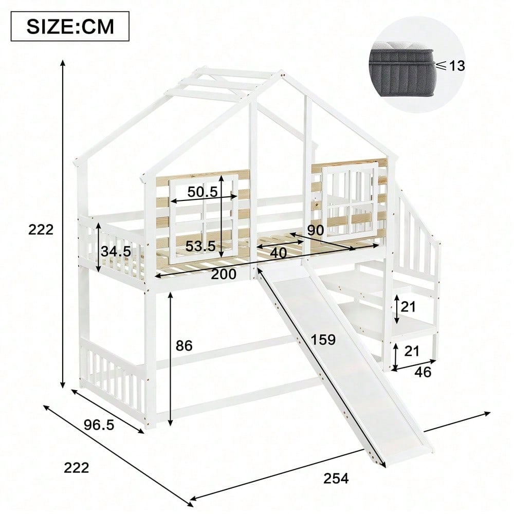 Etagenbett, Holzbett mit Treppe und Gitter, mit Rutsche und Fenster, Blockhaus Kinderbett mit Absturzsicherung, Bettrahmen aus Massivholz, Weiß(90x200 cm)